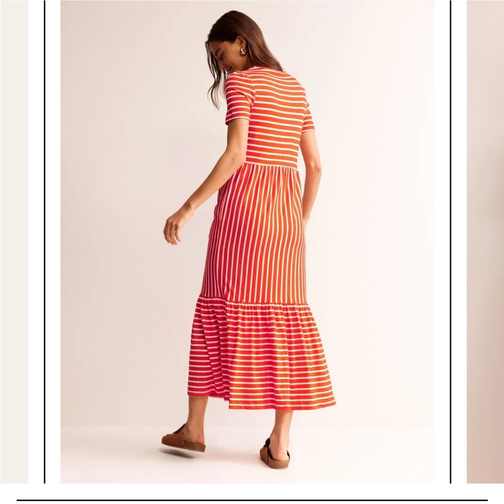 Boden Emma Tiered Jersey Midi T-Shirt Dress Red/Orange & White US 8